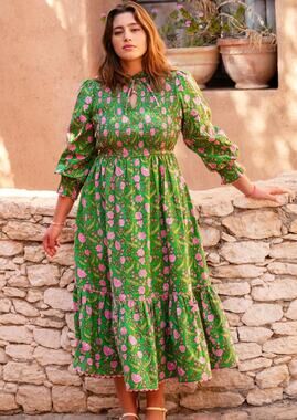 Pink City Prints Tuckernuck Amazonian Jungle Green Izzy Smocked Midi Dress XL